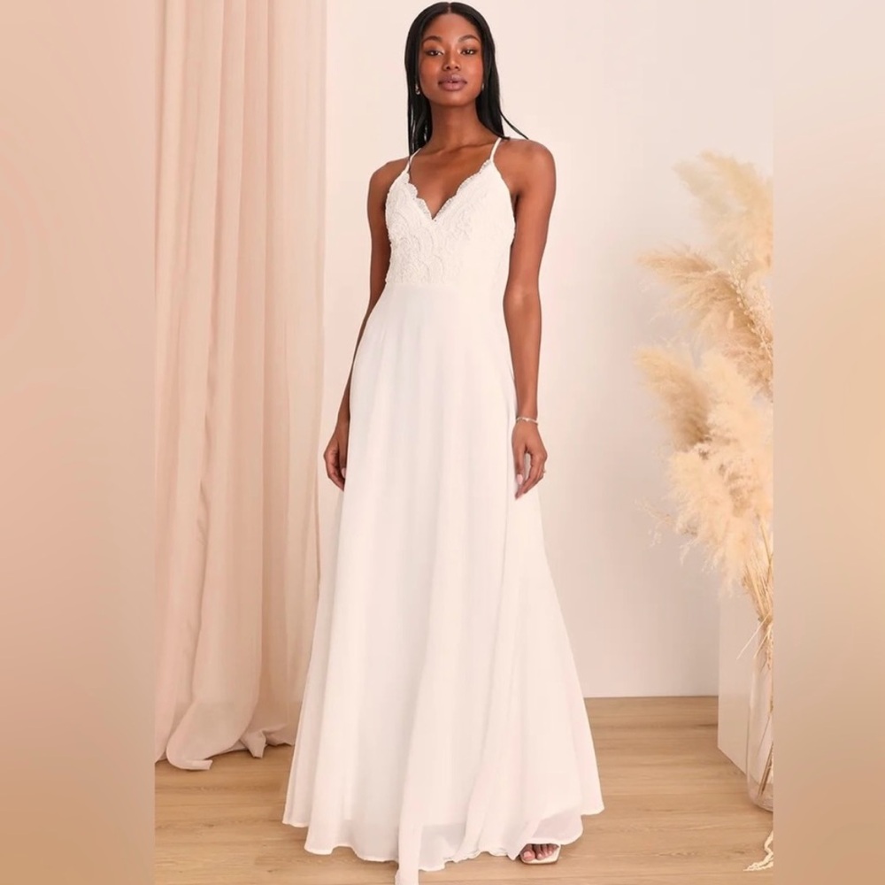 Lulus Elegant White Lace chiffon Maxi wedding formal Dress Small